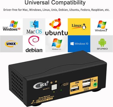 NÖRDIC KVM -kytkin 2–2 USB-C–HDMI 4K 60 Hz, 3 x USB-A, 2 x 3,5 mm AUX
