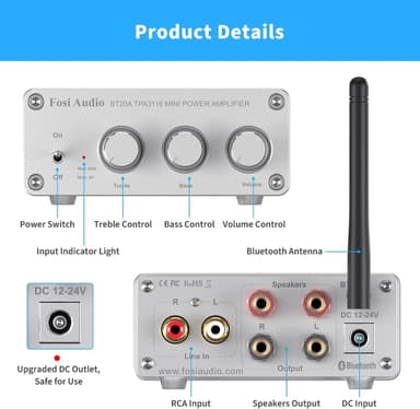 Fosi Audio Bluetooth 5.0 & R/L vahvistin 100 W x 2 äänenvoimakkuuden, basson ja diskantin säätimellä, valkoinen