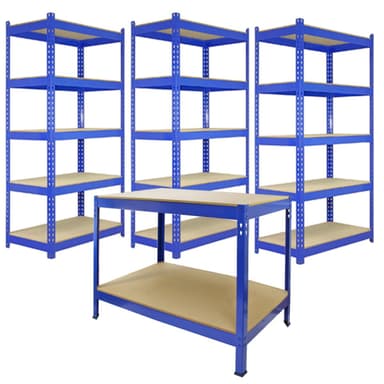 3 x 90cm Q-Rax Sininen Metalli-Hyllyjärjestelmä ja Työpöytä