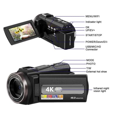 Videokamera 4K UHD / 48MP / 16x zoom laajakulma / 32GB kortti / mikrofoni