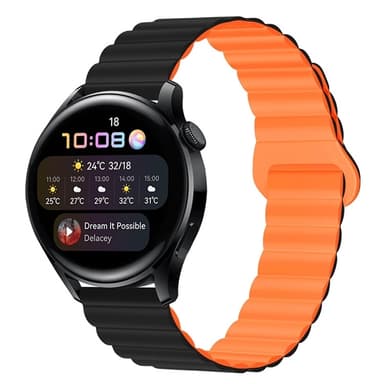 Musta oranssi silikoniranneke Huawei GT4:lle, Samsung Watch6:lle, 22mm