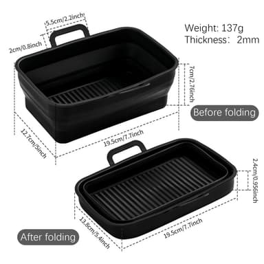 Taitettava neliön muotoinen Air Fryer silikonimuotti 19,5x12,7x7 cm Musta