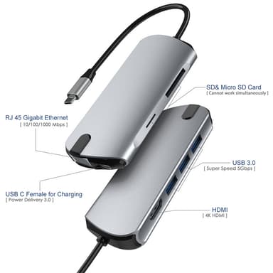 8-in-1 USB-C-keskitin, jossa USB 3.0, HDMI, RJ45, SD/TF-korttipaikka, 100 W PD-lataus