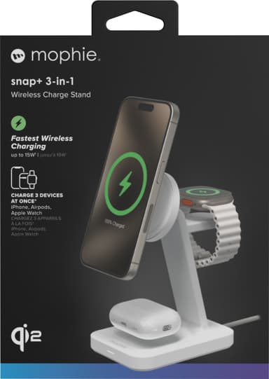 Mophie Snap Plus 3-in-1 Qi2 langaton laturi (valkoinen)