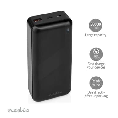 Nedis Virtapankki | 32000 mAh | 2.4 / 3.0 / 3.25 A | Lähtöliitäntöjen määrä: 2 | Lähtöliitäntä: 1x USB-A / 1x USB-C™ | Sisääntulon liitäntä: 1x Micro USB / 1x USB-C™ | PD3.0 45W / PD3.0 65W | Litium-Polymeeri