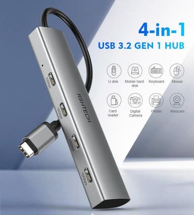 NÖRDIC Gen2 3.2 USB-C 4-porttinen keskitin 10Gbps 19cm kaapeli 4xUSB-C