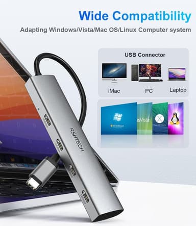 NÖRDIC Gen2 3.2 USB-C 4-porttinen keskitin 10Gbps 19cm kaapeli 4xUSB-C