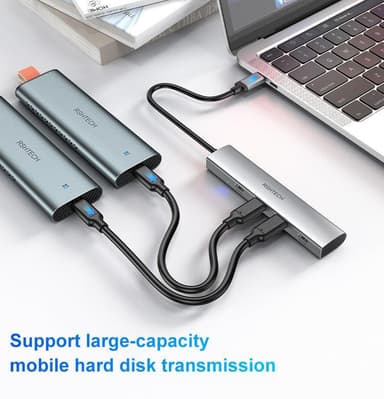 NÖRDIC Gen2 3.2 USB-C 4-porttinen keskitin 10Gbps 19cm kaapeli 4xUSB-C