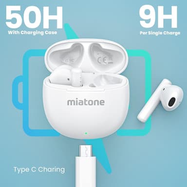 NÖRDIC True Wireless -nappikuulokkeet, Bluetooth 5.3 9H soittoaika latauskotelolla, sisäänrakennettu mikrofoni puheluita varten, puolikorvaiset kuulokkeet - valkoinen