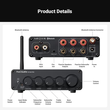 Fosi Audio Hi-Fi Bluetooth 5.0 stereoäänivastaanotinvahvistin 2.1-kanavainen Mini-luokan D integroitu vahvistin 2x165W