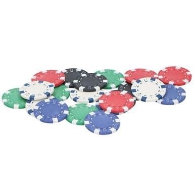 Pokerisetti, jossa pelimerkit, korttipakat ja nopat