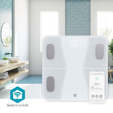 Nedis SmartLife Älyvaaka | Bluetooth® | BMI / BMR / Lihakset / Luut / Paino / Rasva / Vesi | 12 | Max. kuorma: 180 kg | Android™ / IOS | ABS-Muovi / Lasi | Valkoinen