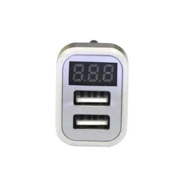 USB-autolaturi, jossa on 2 USB-porttia ja näyttö, hopea