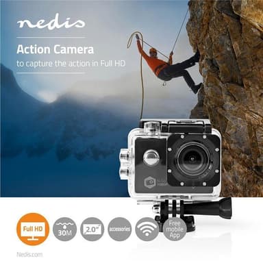 Nedis Action-kamera | 1 näyttö | 1080p@30fps | 12 MPixel | Vedenpitävyys enintään (m): 30.0 m | 90 min | Wi-Fi | Sovellus saatavana kohteeseen: Android™ / IOS | Kiinnikkeitä mukana | Musta