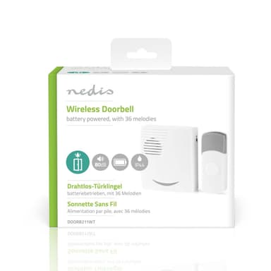 Nedis Langaton Ovikellosarja | Paristokäyttöinen | 3 V DC | 1x CR2032 | Äänenvoimakkuus: 80 dB | Signaalin kantama: 300 m | IP44 | 36 Melodiaa | 1 Vastaanotin | Harmaa / Valkoinen