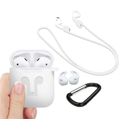 Silikonipakkaus Airpodsille, silikonikotelo, hihna, silikonikorvakuulokkeet, karabiini, valkoinen