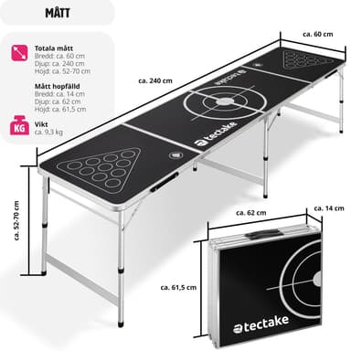 Beer pong -pöytä, korkeussäädettävä ja taitettava -
