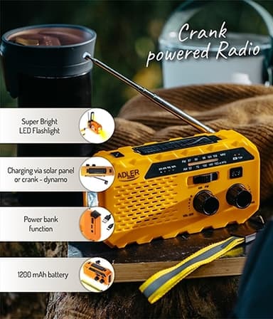 Hätäradio / maantiekeskusradio taskulampulla, aurinkokennoilla ja Powerbankilla varustettuna