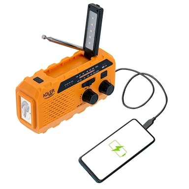 Hätäradio / maantiekeskusradio taskulampulla, aurinkokennoilla ja Powerbankilla varustettuna