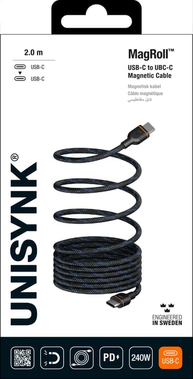 Unisynk MagRoll Magnetic 240 W USB-C kaapeli (2 m)