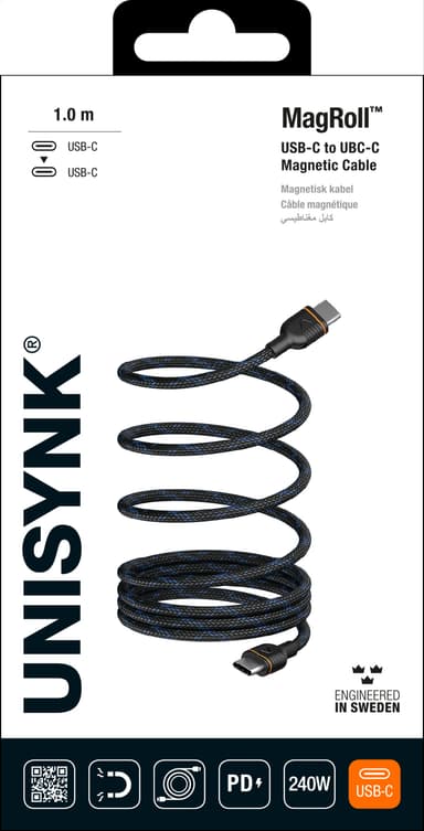 Unisynk MagRoll Magnetic 240 W USB-C kaapeli (1 m)