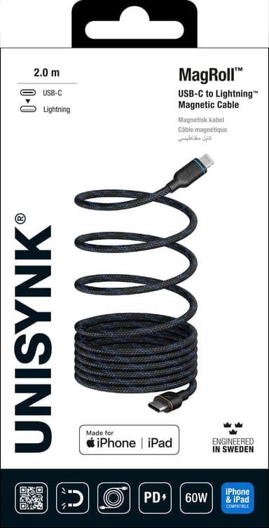 Unisynk MagRoll Magnetic 60 W USB-C - Lightning adapteri (2 m)