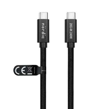 NÖRDIC 1,5 m USB 3.2 Gen 2 USB-C–C nylon punottu kaapeli PD3.1 240W 20G 4K60Hz musta