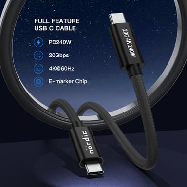 NÖRDIC 50 cm USB 3.2 Gen 2 USB-C - C nylon punottu kaapeli PD3.1 240W 20G 4K60Hz musta