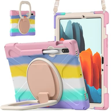 SKALO Samsung Tab S9/S9 FE Extra Shock Resistant Armor Rengas kuori olkahihnalla - Rainbow