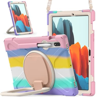 SKALO Samsung Tab S9/S9 FE Extra Shock Resistant Armor Rengas kuori olkahihnalla - Rainbow