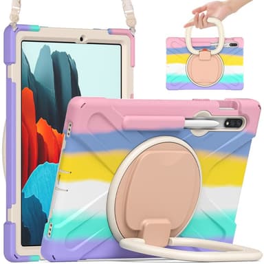 SKALO Samsung Tab S9/S9 FE Extra Shock Resistant Armor Rengas kuori olkahihnalla - Rainbow