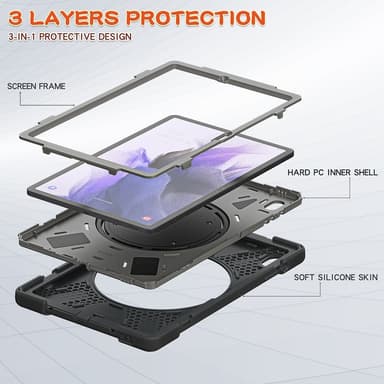 SKALO Samsung Tab S7 FE Extra Shockproof Armor 360 Kahva/Tripod Suojakuori - Harmaa