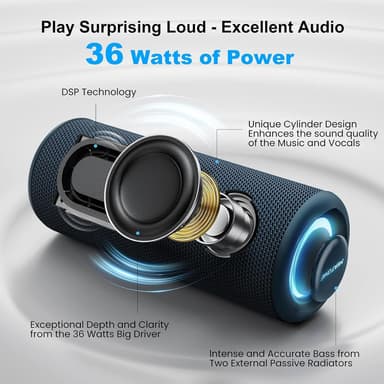 Bluetooth-kaiutin 36 W kannettava kaiutin stereoäänipohjalla, Bluetooth 5.3 langaton IP7x vedenpitävä kaiutin sininen