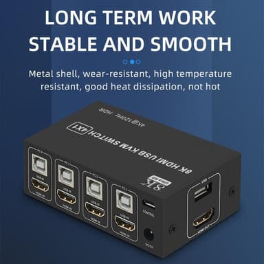 NÖRDIC KVM Switch 4 PC 1xHDMI 8K60Hz ja 4xUSB HDCP 2.2 Xboxille, PS5:lle ja kannettavalle tietokoneelle