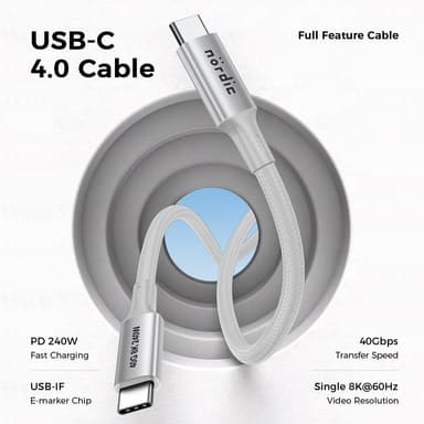NÖRDIC 50 cm USB4 USB-C–C nylonpunoskaapeli PD3.1, 240 W pikalataus 40G 8K60Hz 4K120Hz 5K60Hz 2x4K60Hz Emarker