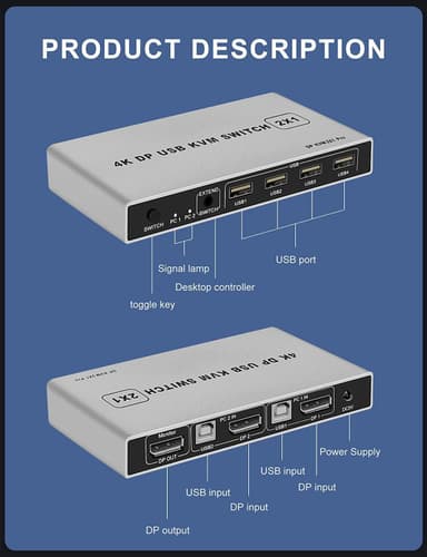 NÖRDIC KVM-kytkin 2, PC 1x DisplayPort 1.2 4K 60Hz ja 4x USB-portti HDCP 2.2
