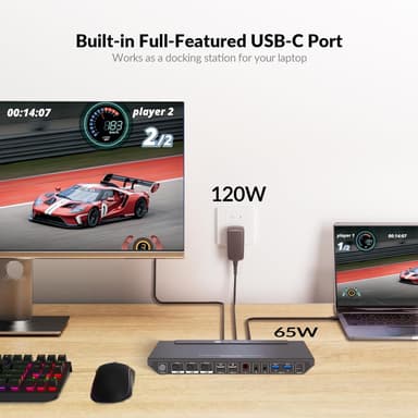 AV Access KVM Switch 3 - 2 USB-C + 2xHDMI kahdelle näytölle, 65 W virtalähde ja Ethernet-portti kannettavalle tietokoneelle
