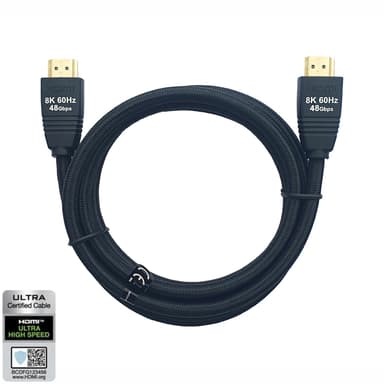NÖRDIC SERTIFIOIDUT KAAPELIT 1,5 m HDMI 2.1 Ultra High Speed 8K 60 Hz 4K 120 Hz 48 Gb/s Dyn. HDR eARC-pelitila VRR Dolby ATMOS, nailonpun., kullattu