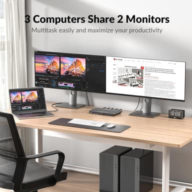 AV Access KVM Switch 3 - 2 USB-C + 2xHDMI kahdelle näytölle, 65 W virtalähde ja Ethernet-portti kannettavalle tietokoneelle