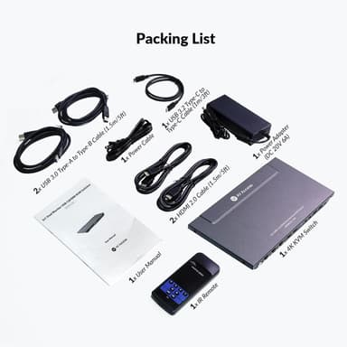AV Access KVM Switch 3 - 2 USB-C + 2xHDMI kahdelle näytölle, 65 W virtalähde ja Ethernet-portti kannettavalle tietokoneelle