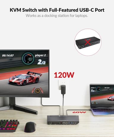 AV Access 4K USB-C & HDMI KVM Switch 4 PC:tä 1 näyttö, 60 W lataus kannettavalle tietokoneelle
