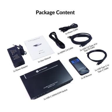 AV Access 4K USB-C & HDMI KVM Switch 4 PC:tä 1 näyttö, 60 W lataus kannettavalle tietokoneelle