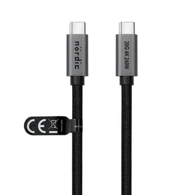NÖRDIC 25 cm USB 3.2 Gen 2 USB-C - C nylon punottu kaapeli PD3.1 240W 20G 4K60Hz harmaa