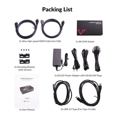 AV Access HDMI 2.1 KVM Switch 2 tietokonetta 1 näyttö, 8K60Hz, 5x USB-A