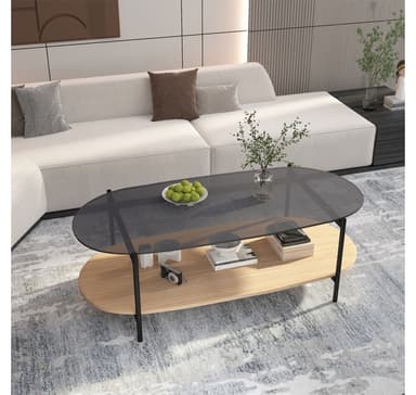 Sohvapöytä CINDY 120x55xH40cm, harmaa lasi/melamiinitammi