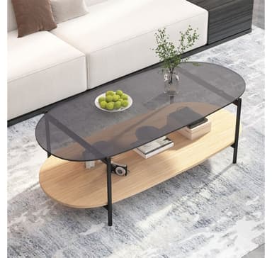 Sohvapöytä CINDY 120x55xH40cm, harmaa lasi/melamiinitammi