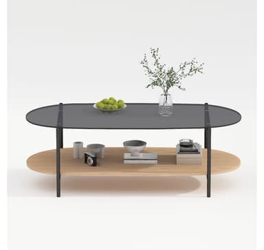Sohvapöytä CINDY 120x55xH40cm, harmaa lasi/melamiinitammi