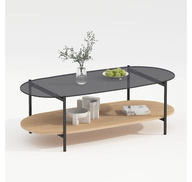 Sohvapöytä CINDY 120x55xH40cm, harmaa lasi/melamiinitammi