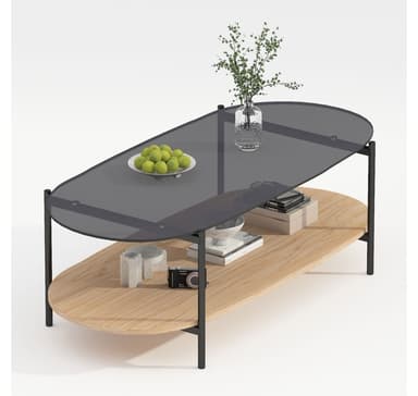 Sohvapöytä CINDY 120x55xH40cm, harmaa lasi/melamiinitammi