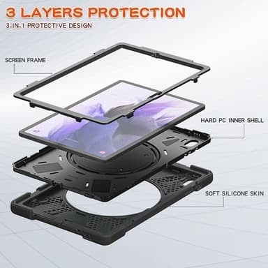 SKALO Samsung Tab S7 FE Extra Shockproof Armor 360 Kahva/Tripod Suojakuori - Musta